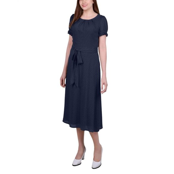 NWT Ny Collection Sleeve Belted Swiss Dot Dress PCCD0396D PS Navy Multi Circle - Picture 1 of 7